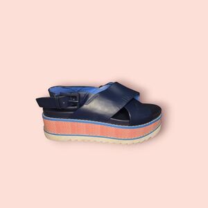 Tory Burch Sport Gloriette Platform Sandals Blue Leather Ankle Comfort Wedges